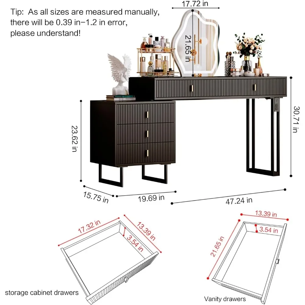 Vanity desk with mirror and lights, with 3 Color Touch Screen Dimming Mirror, Modern Retractable Makeup Dressing Table