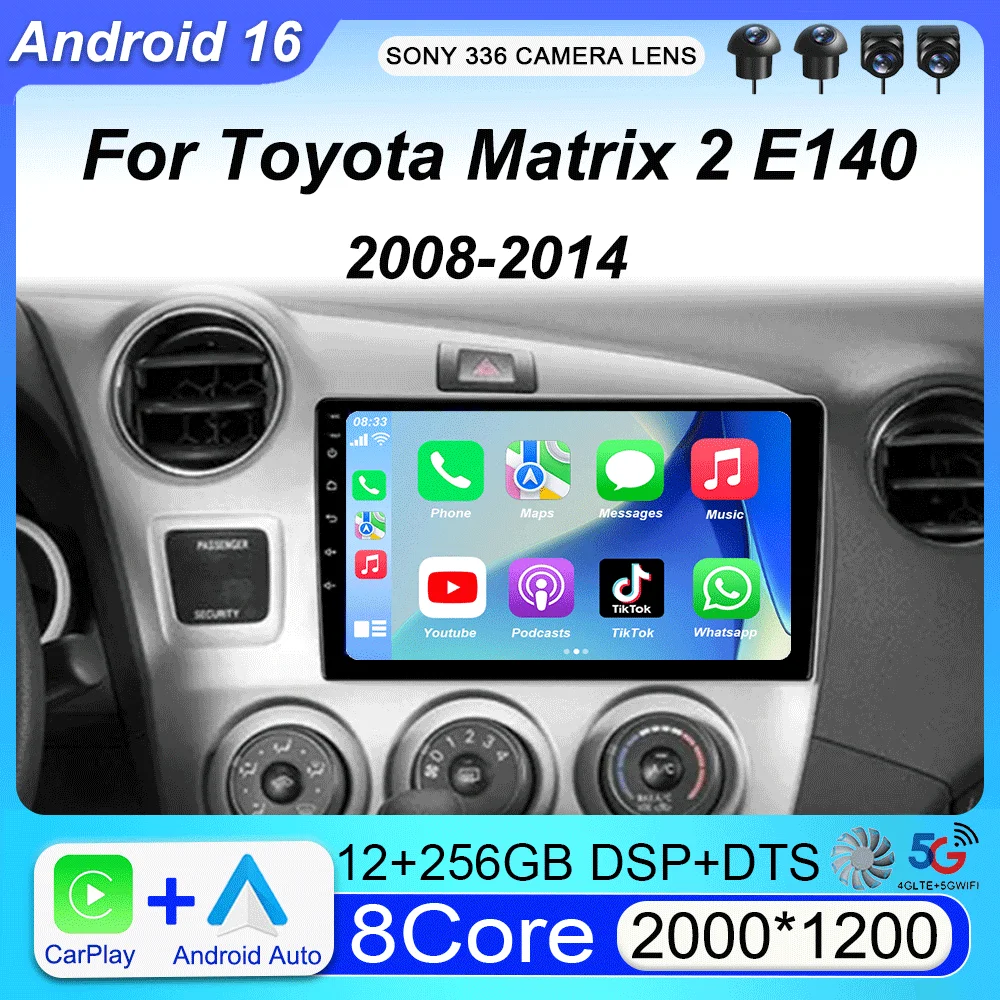 Radio para Auto con Carplay y Android 16 para Toyota Matrix 2 E140 2008 2009 2010 2011 2012 2013 2014 Reproductor Multimedia Navegación GPS