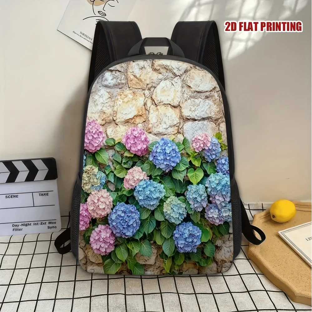 

1 piece blooming wall 2D flat print backpack - lightweight polyester bag with bright hydrangea stone wall design