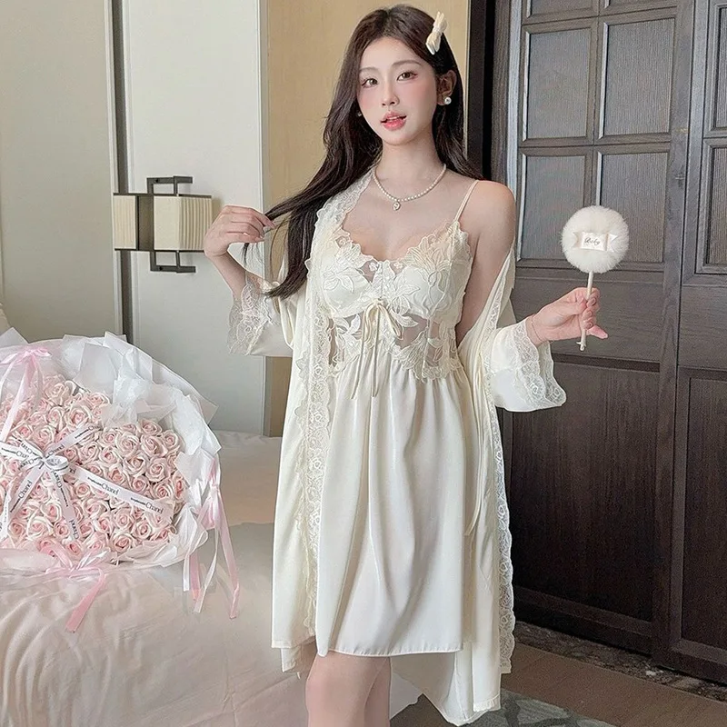 

Летний комплект из двух предметов: кимоно-халат с вышивкой и аппликацией, женская ночная сорочка, сексуальная кружевная ночнушка, повседневная домашняя одежда