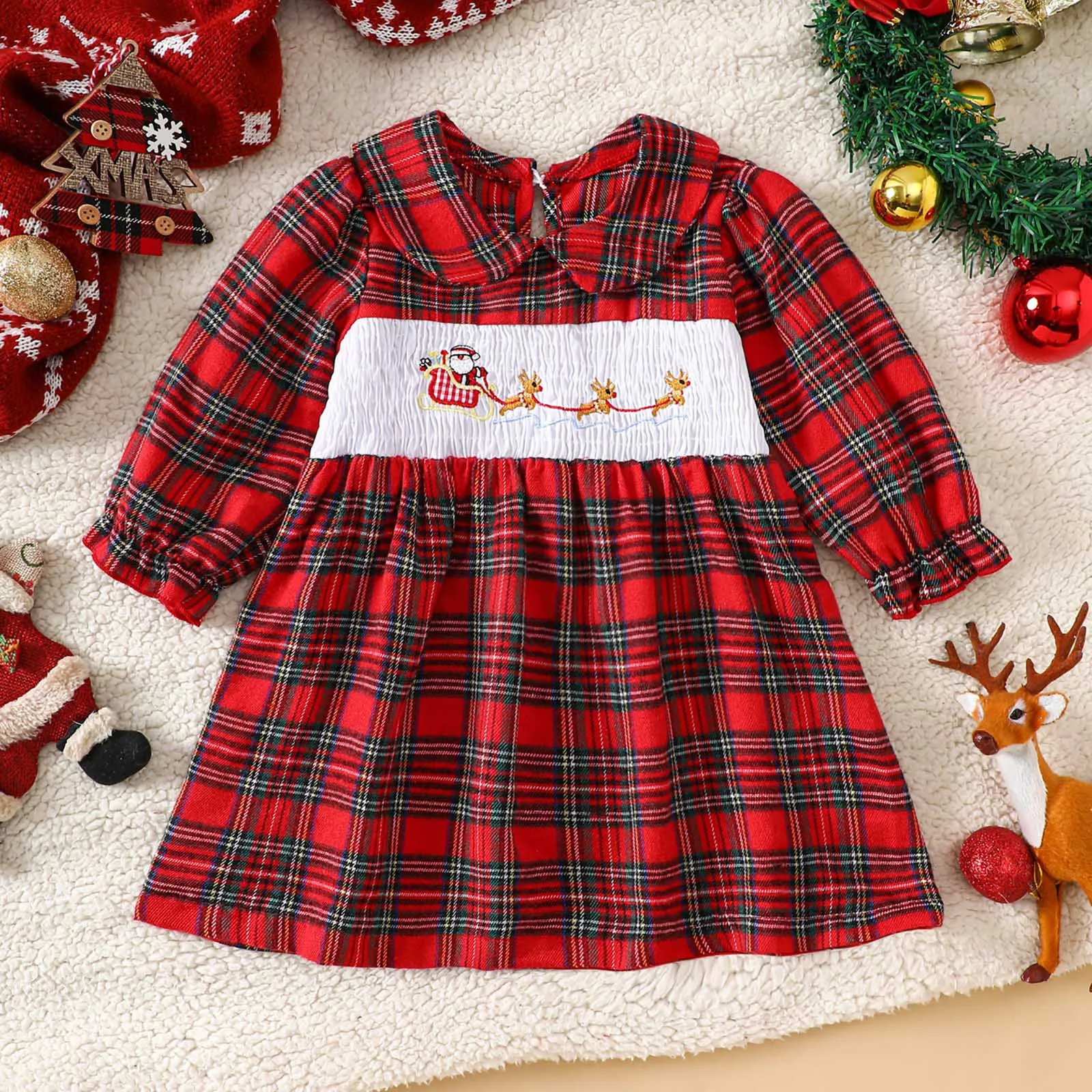 

Corduroy Overall Dress Long Toddler Baby Girl Christmas Smocked Dress Long Sleeve Santa /Reindeer Shorts Dress for Girls