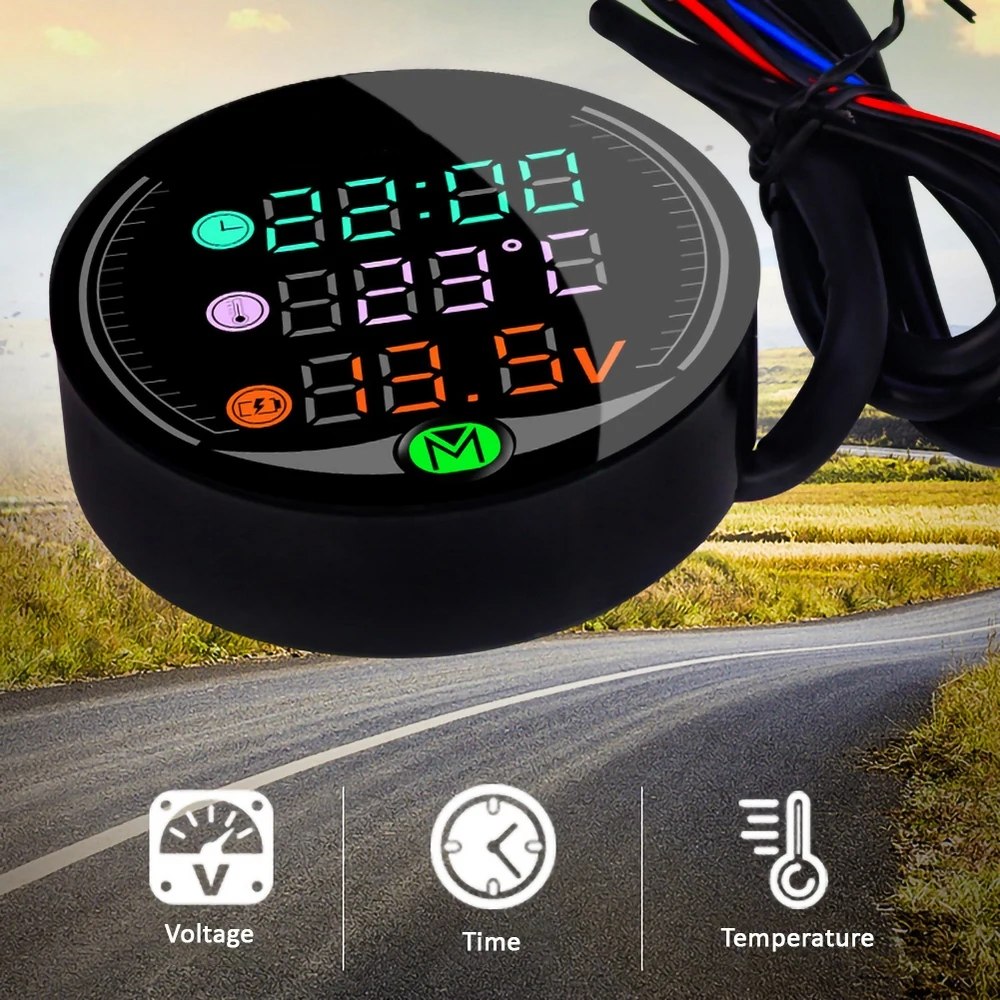 3 in 1 Motorcycle Voltmeter LED Electronic Clock Digital Thermometer Waterproof with Flashing Warning Function 9 -24V