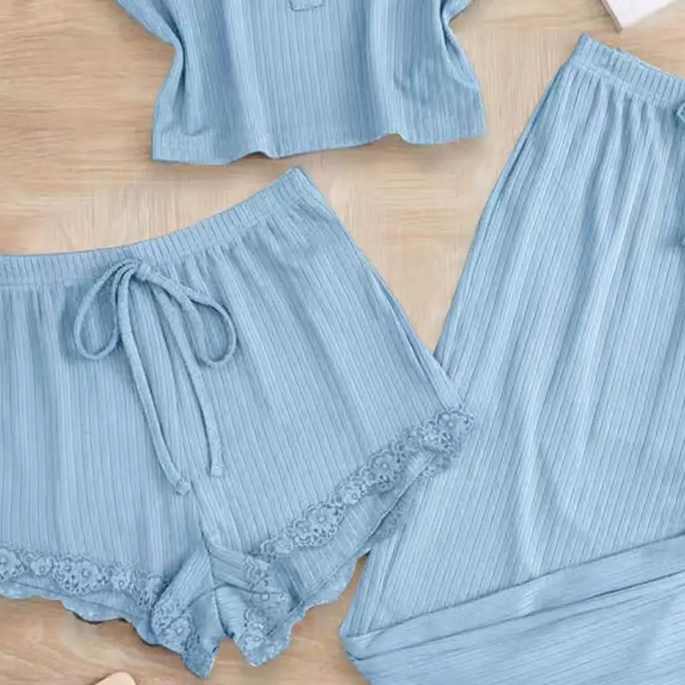 Women Pajamas Set Women Cozy Pajamas Women's Ribbed Knit Pajamas Set Lace Trim Cami Top with Shorts Long Pants Sleepwear Lounge