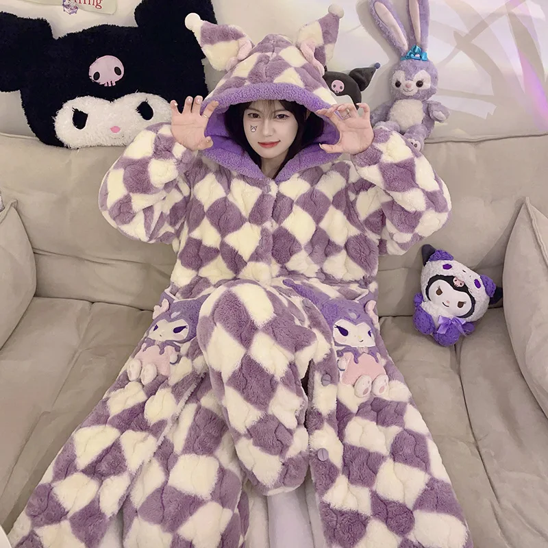 2Pcs Hellokitty Kawaii Plush Pajamas Anime Cartoon Kuromi Winter Velvet Thickening Cute Hooded Pajamas Home Clothes Girls Gifts