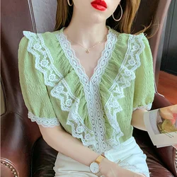 Sweet V-Neck Lace Hollow Out Spliced Ruffles Loose Puff Sleeve Blouse Summer Chic Tops Elegant Female Clothing Commute Shirt