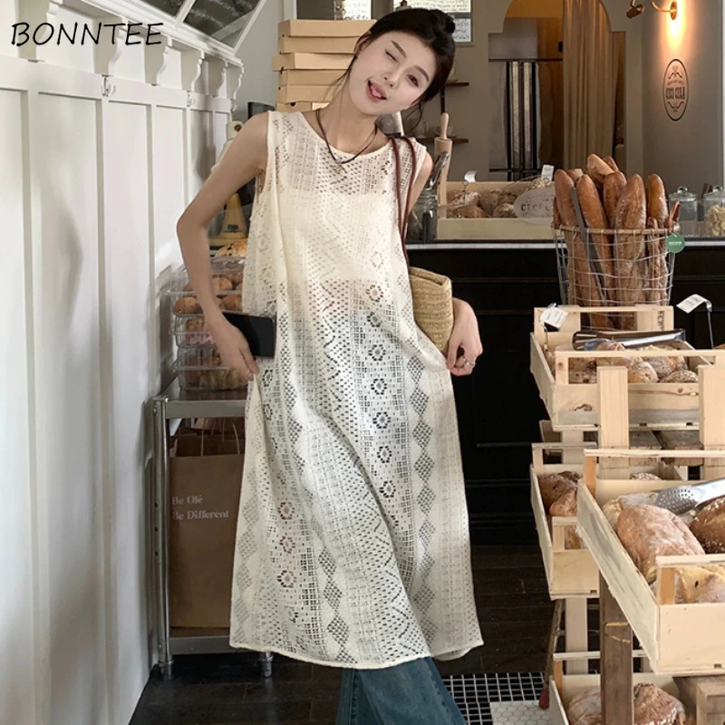 

Summer Dresses Women Temper Midi Hollow Out Casual Design Sweet Korean Style All-match Sleeveless Vintage Streetwear New Holiday