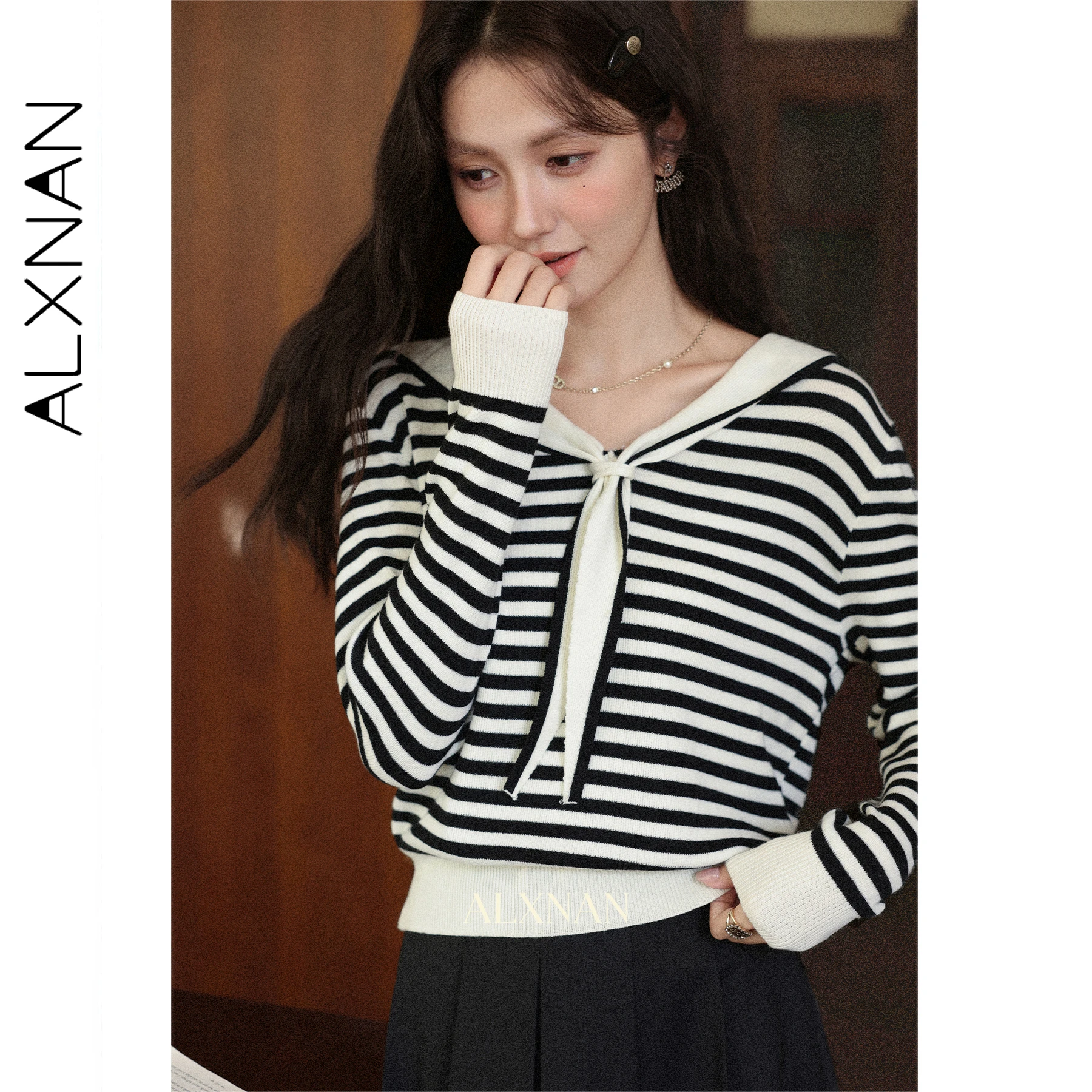 ALXNAN темно-синий полосатый свитер с воротником, женские осенние шерстяные элегантные пуловеры с длинными рукавами, 2025 г., повседневные свободные женские топы L57252