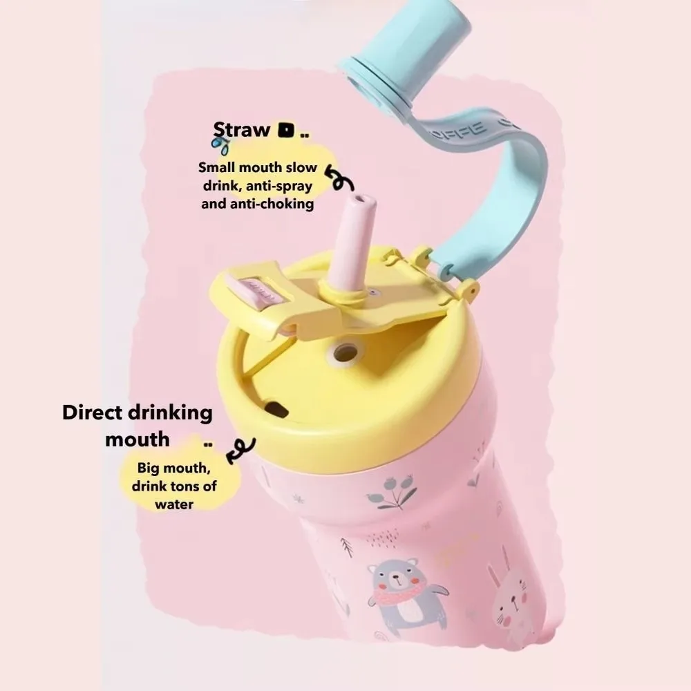 

Чашка из нержавеющей стали 650 мл, керамическая внутренняя подкладка, мультяшный термос, чашка с рисунком кота и кролика, двойная соломинка для питья, вакуумная чашка