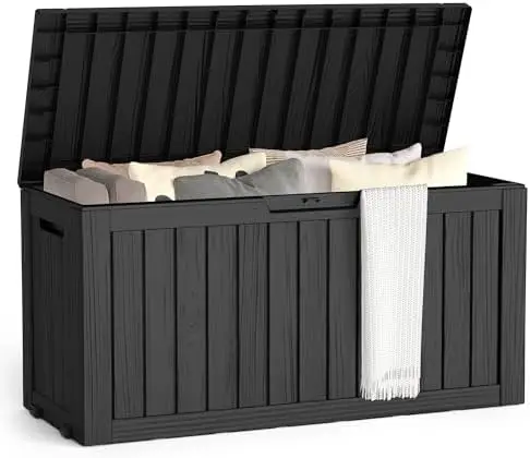 Outdoor Storage Box, 75 Gallon Waterproof Deck Boxes, Resin, Lockable Pool Deck Box for Garden Tools, Patio,Pool