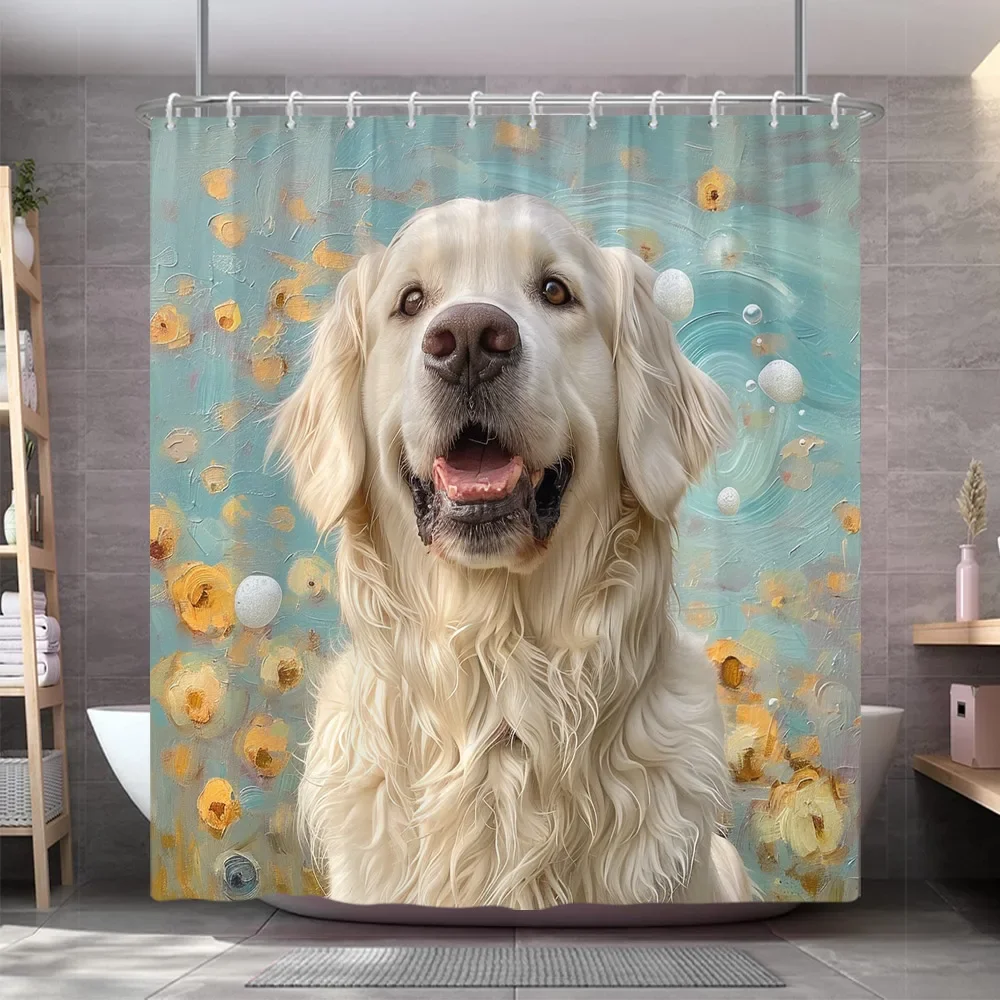 Funny Dog Shower Curtain Popular Cute Pet Oil Painting Art Creation Polyester Fabric Shower Curtains Bathroom Decor With Hooks