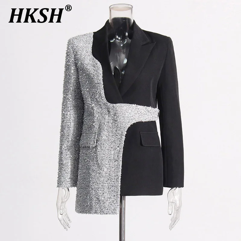 HKSH temperamento Oficina señora estilo Blazer 2024 Otoño Invierno solapa nueva contraste Color empalmado chaqueta de retazos irregulares HK3107