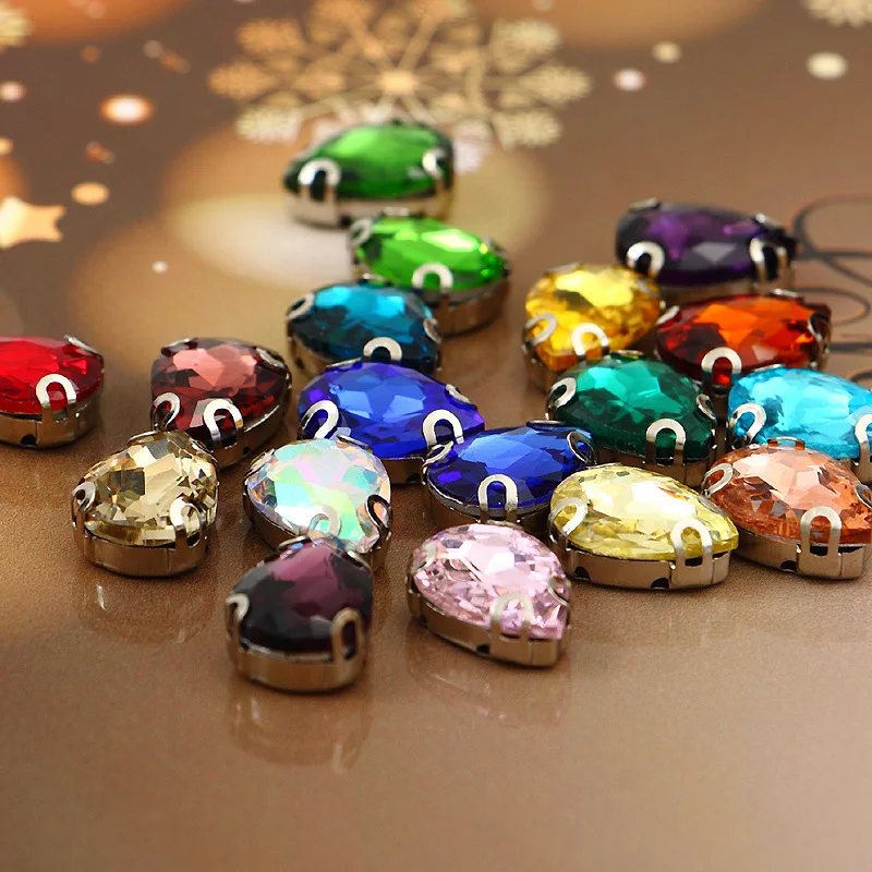 Mix color DR shape High quality Glass Crystal sew on Anti hook claw rhinestones with holes ,Diy Clothing accessories