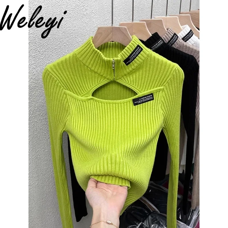 

Semi-turtleneck Knitted Bottoming Shirt for Women 2024 Autumn and Winter New Korean Fashion Chic Hollow Out Sweater Top Female