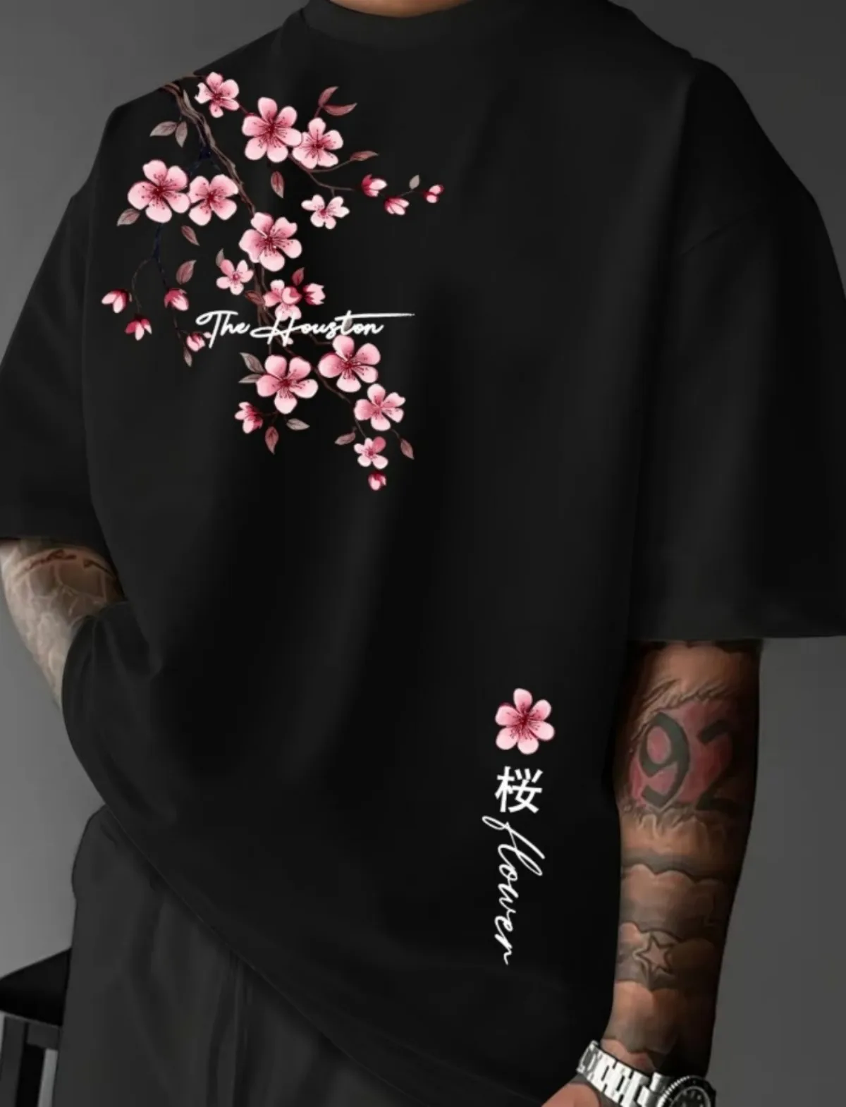 Men's summer new cherry blossom letter printed machine washed comfortable and breathable round neck T-shirt outdoor casual top