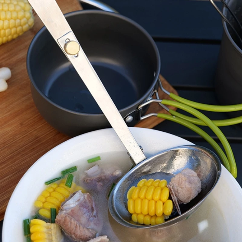 

Stainless Steel Soup Ladle Slotted Spoon With Folding Portable Handle Hot Pot Soup Spoon For Camping Hiking Tableware