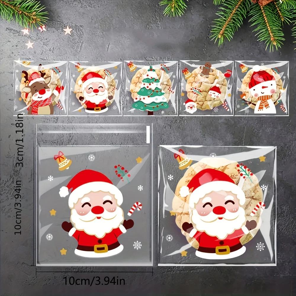 100pcs Christmas Treat Bags - Self-Sealing, Disposable Opp Candy & Cookie Pouches With Festive Cartoon Designs For Holiday Gift