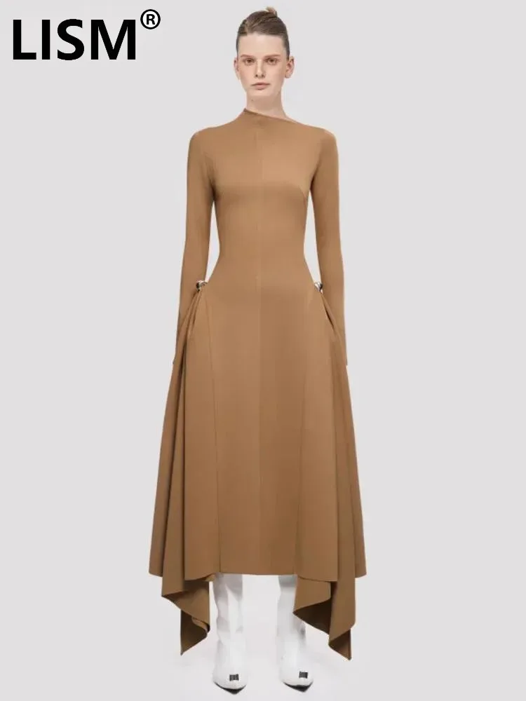 

Women's Fashion Skew Collar Long Sleeves Waist Retraction Solid Color Asymmetric Hem Dresses All Season 2024 New 13DL797