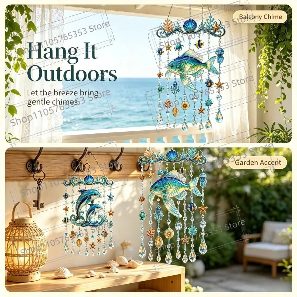 New Ocean Animal Crystal Wind Chime Pendant, Garden Terrace Seaside Villa Outdoor Home Decor, Exquisite Gift Artware Collectible
