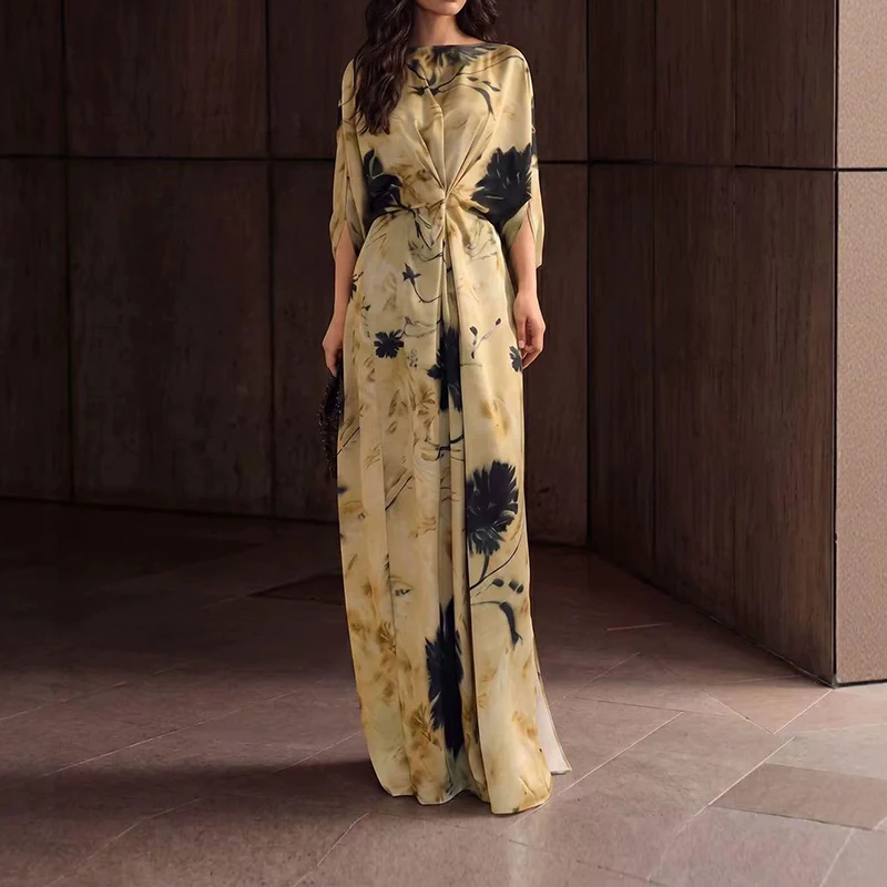 Batwing Sleeve Design Pleats Party Dress Retro Floral Print Vacation Long Dress New 2026 O Collar High Waist Elegant Women Dress