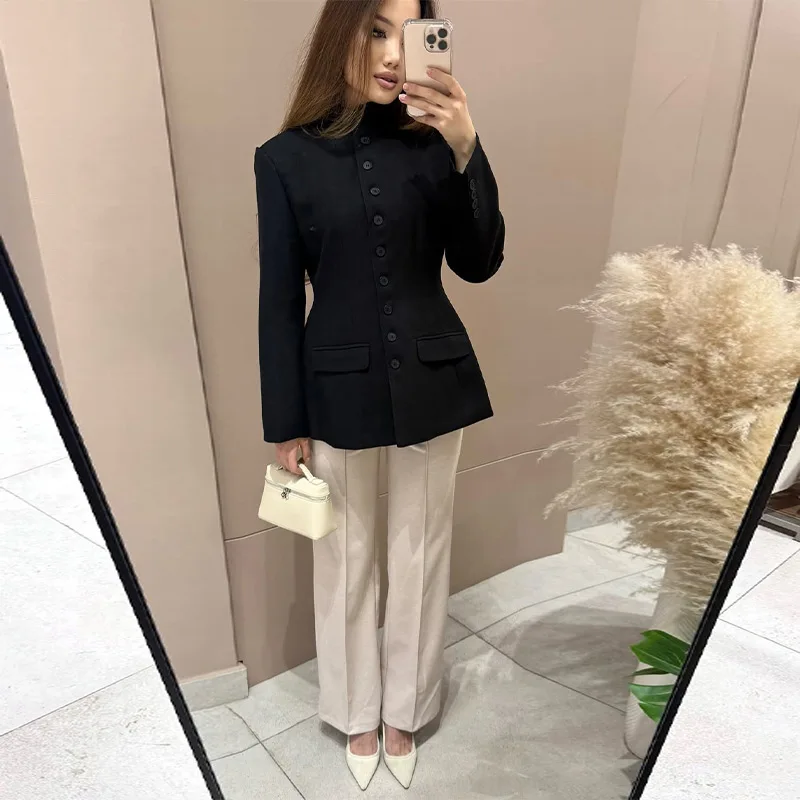 Damen-Blazer mit Stehkragen und Taillenbetonung, elegant, langärmelig, einreihig, schmal geschnitten, schicke Bürojacke – Detail 10