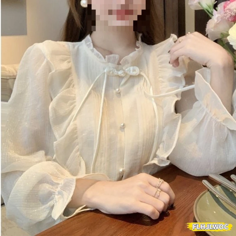 Hot Chinese Style Temperament Design Button Tops 2024 Flare Sleeve Romantic Gentle Women Date Girls Retro Shirt Blouse Vintage