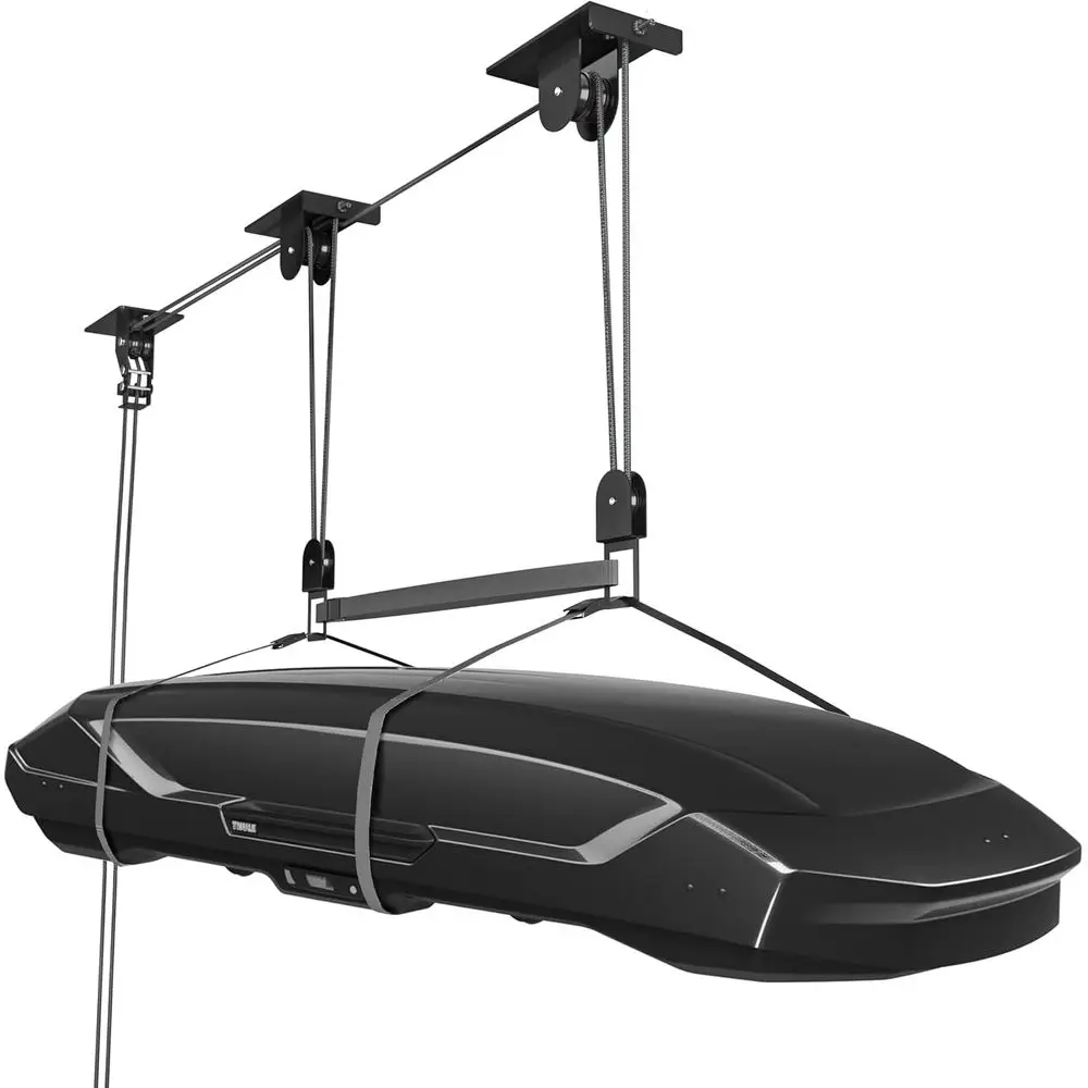 

Upgrade Cargo Box Garage Pulley System, Ceiling Hoist Heavy-Duty Holds up to 150 lbs Capacity, Fit 10-18 Foot Ceilings, Black