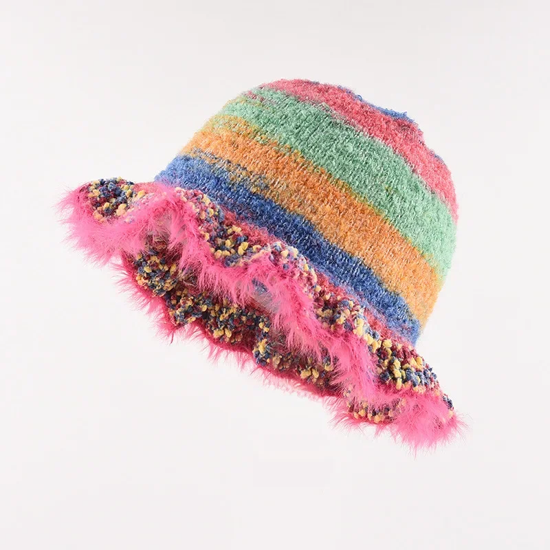 Gorro de pescador Retro de arcoíris para mujer, gorro de punto con protección para los oídos, cálido y grueso, para otoño e invierno, venta al por mayor