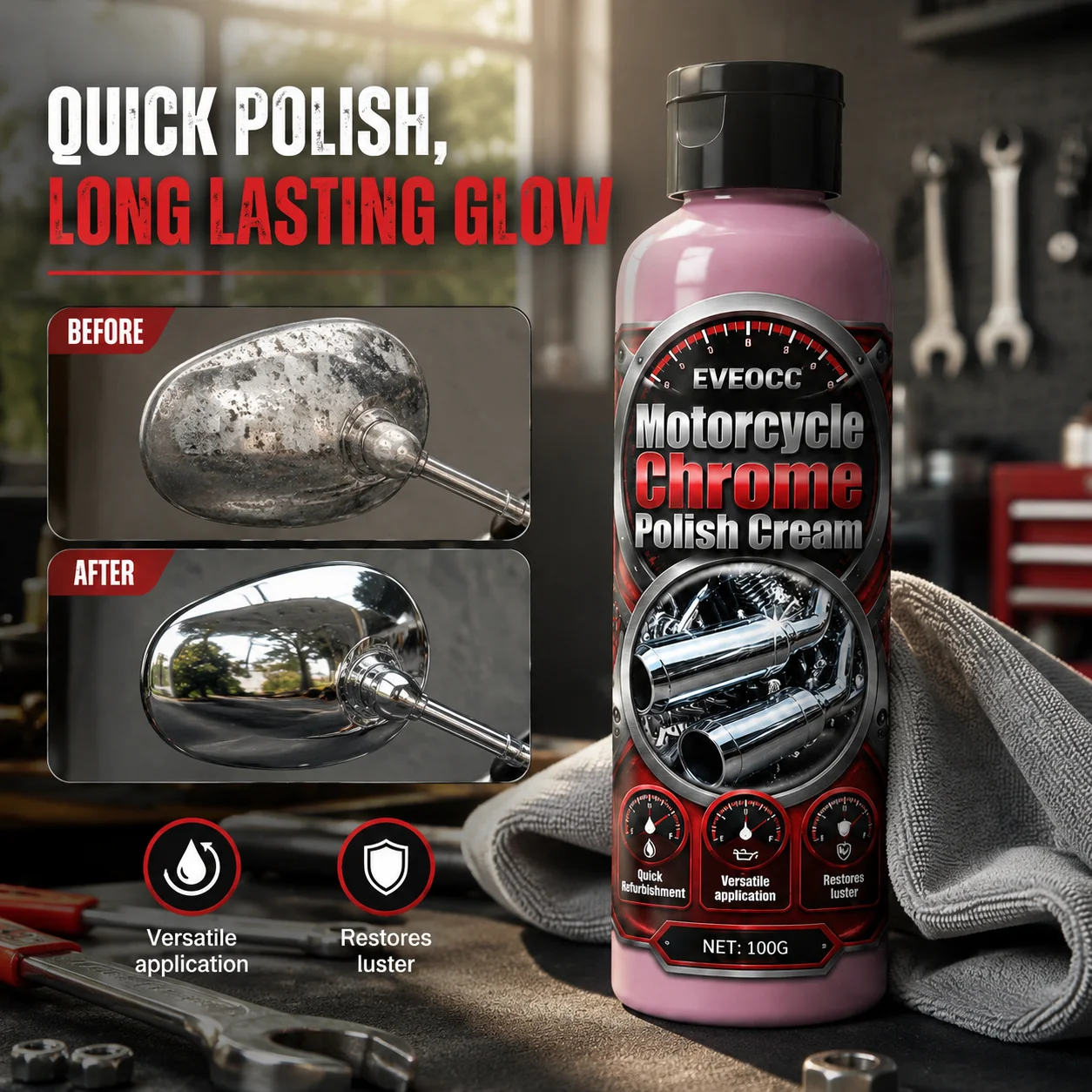 100g Motorcycle Chrome Polish Cream, Multi‑Purpose Metal Renovator Rust Oxidation Remover Restores Shine for Motorbike Accessori
