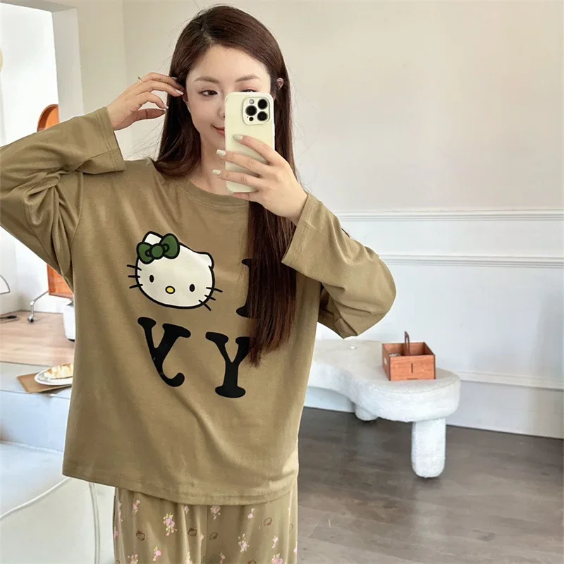 Sanrio Hello Kitty Loungewear Autumn Cotton Long Sleeve Pants Women\'s Pajamas Women\'s Casual Cartoon Two-piece Pajamas