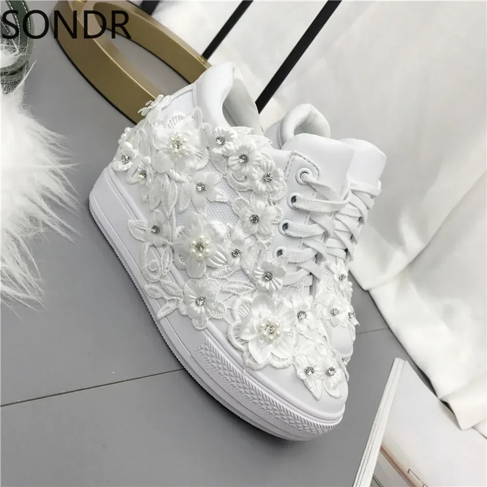 Womens PU Leather Rhinestones Lace Flowers Wedge Hidden High Heel Sneakers Shoes Lace Up Black White Girls New 2024