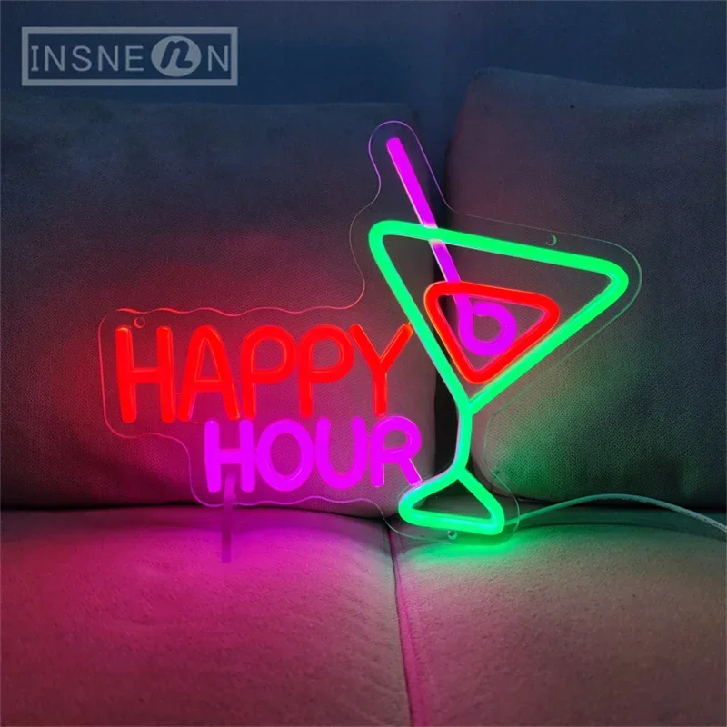 Happy Hour Neon Sign Cocktails 5V USB LED Light, Wall Decor Bedroom, Beer Bar, Hotel Party, Club, Office Dance Art, Night Lights