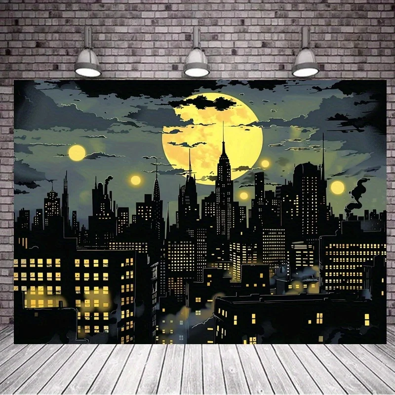 Superhero City Skyline مع خلفية الخفافيش - لافتة حفلات من البوليستر اللامع، مناسبة للتصوير الفوتوغرافي وأعياد الميلاد والمناسبات #1