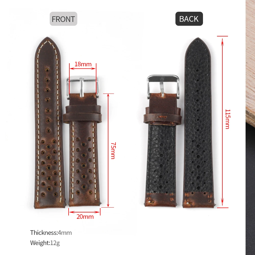 Handmade Black Oil Wax Watch Band 18mm 19mm 20mm 21mm Waterproof Porous Breathable Genuine Leather Watch Strap for Men Women