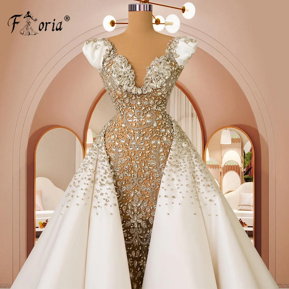 Gorgeous Detachable Wedding Dresses 2023 Beaded Crystal White Middle East Woman Dubai Bride Dress Luxury Wedding Party vestido