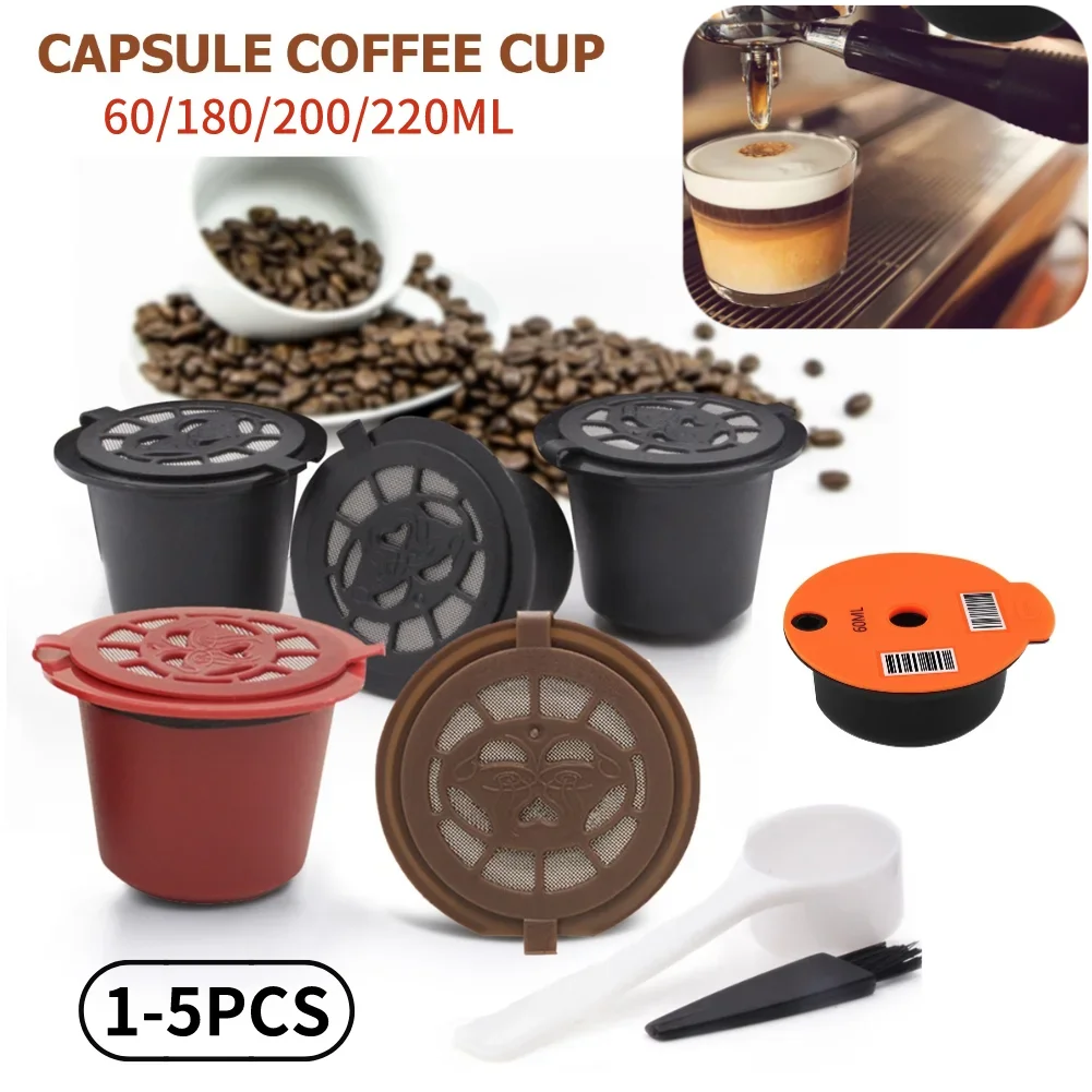 5/4/1pc Coffee Capsule Refillable Reusable Herbruikbare Hervulbare Nespresso Machine Capsule Plastic Filter Cups Spoon Brush