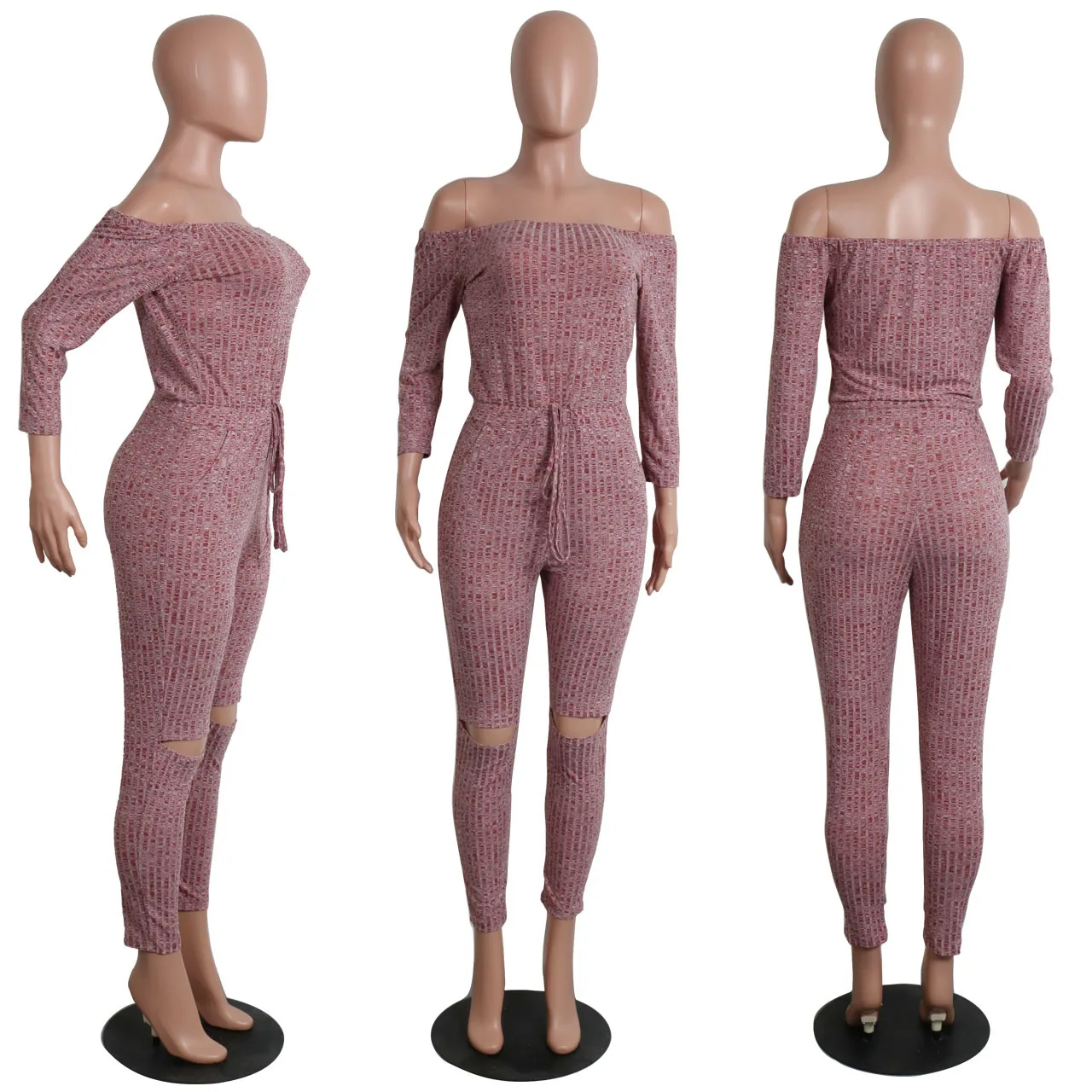 Bkld Frauen schulter frei Overall Bodycon Langarm Clubwear gestrickt aushöhlen Hosen Stram pler dünn sexy Overalls weiblich 2024