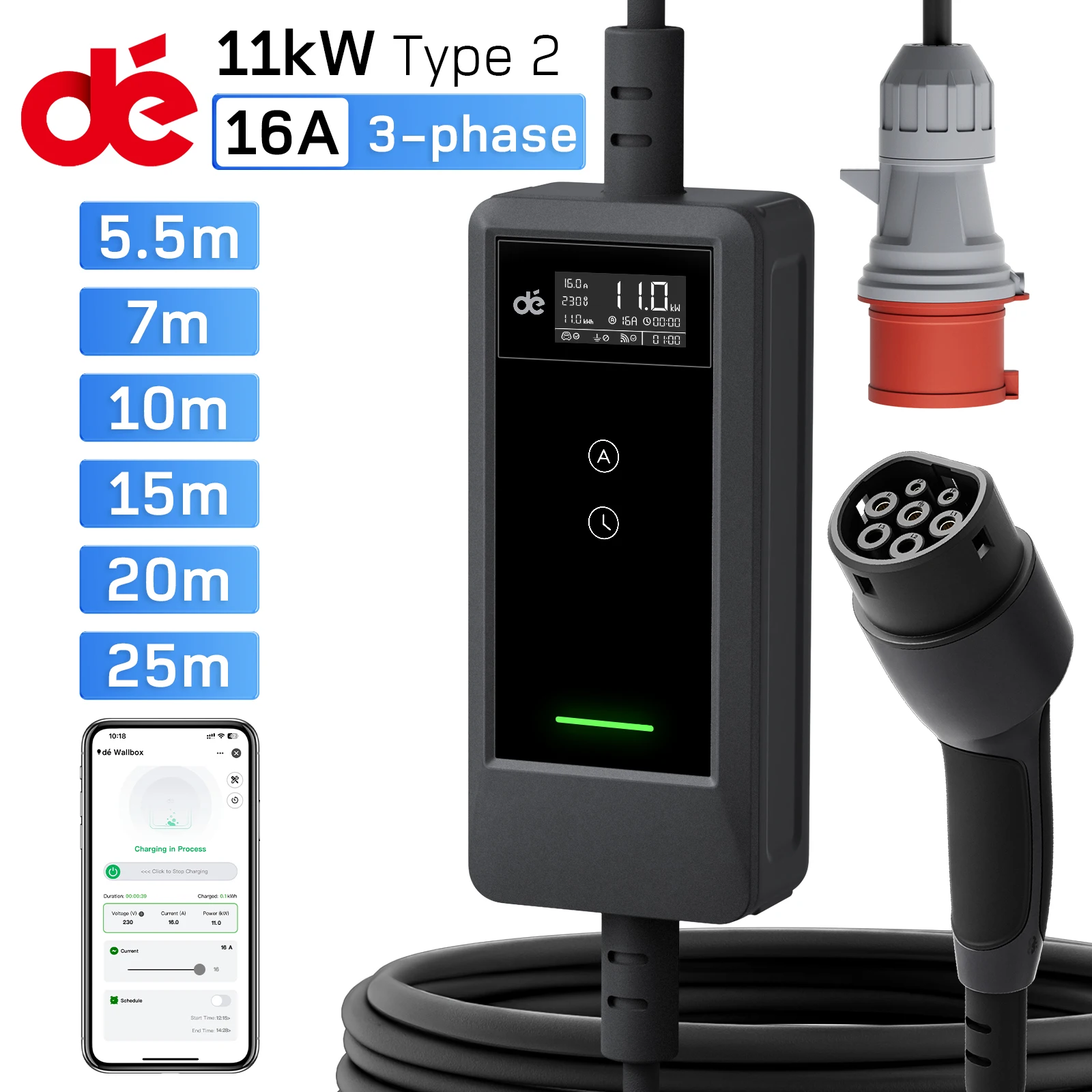 dé Chargeur de véhicule électrique Type 2 11 kW avec application, 16 A, triphasé, câble de charge de 5,5 m, 7 m, 10 m, 15 m, 20 m, 25 m, prise CEE vers Type 2, courant réglable, station de charge portable