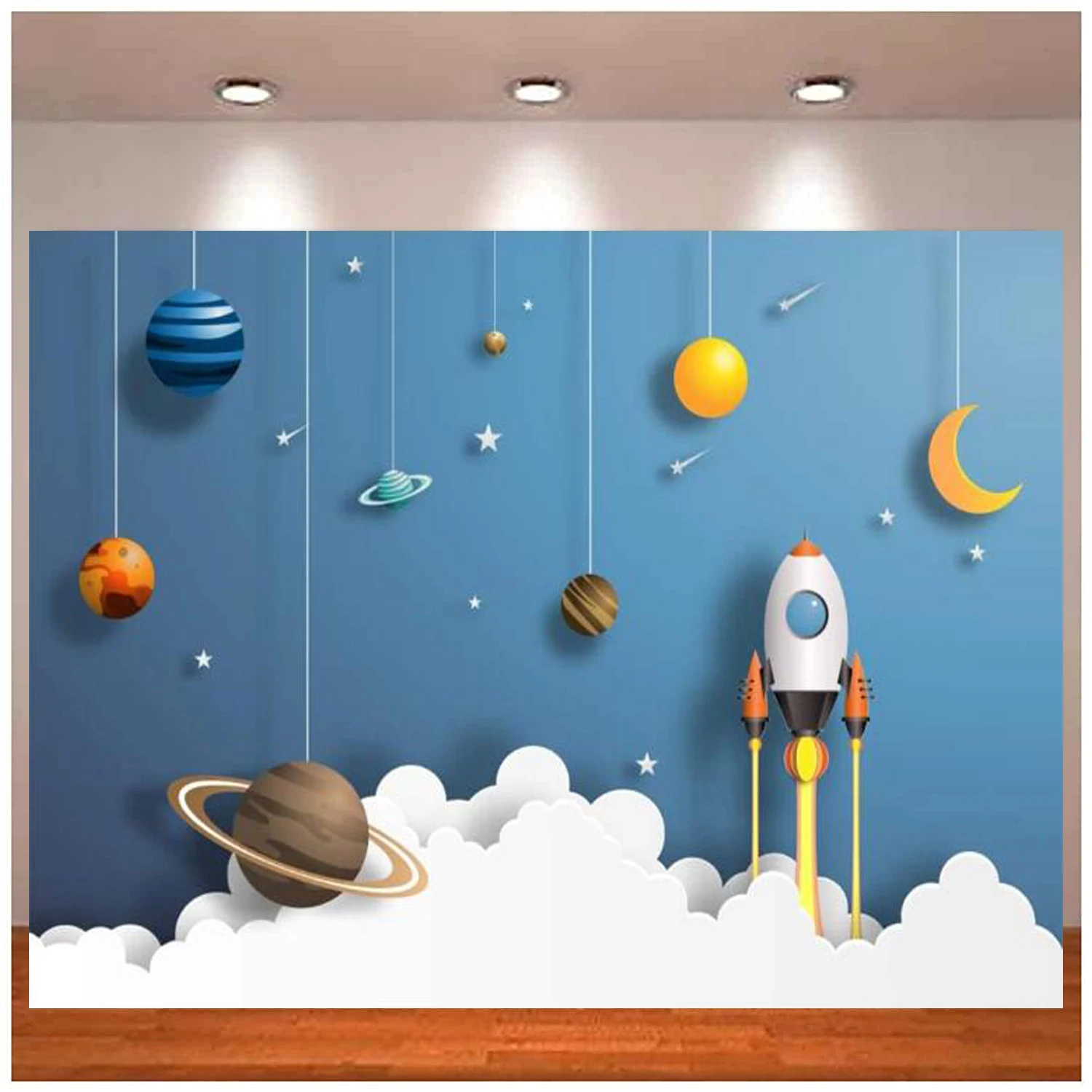 Cartoon Spaceship Photography Backdrop Kids Boys Space Theme Birthday Party Background Universe Planet Galaxy Video Props