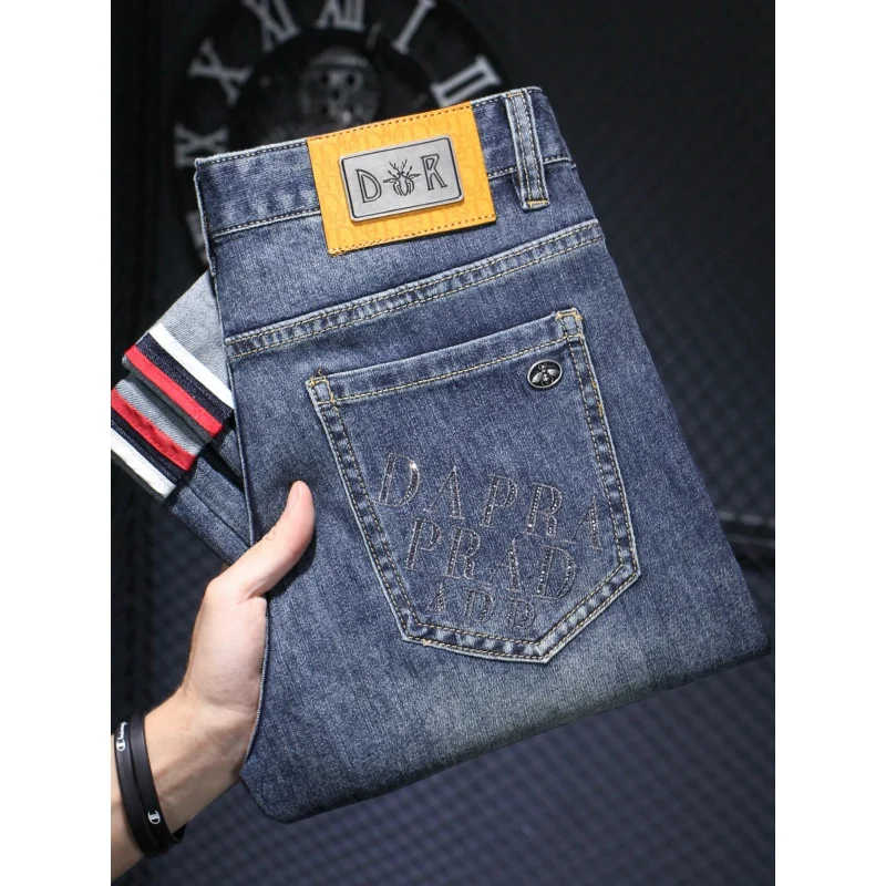 

Spring And Summer New Trendy Brand Retro Nostalgic Blue Hot Diamond Men'S Jeans Slim Fit Straight Leg Trend Washed Casual Denim