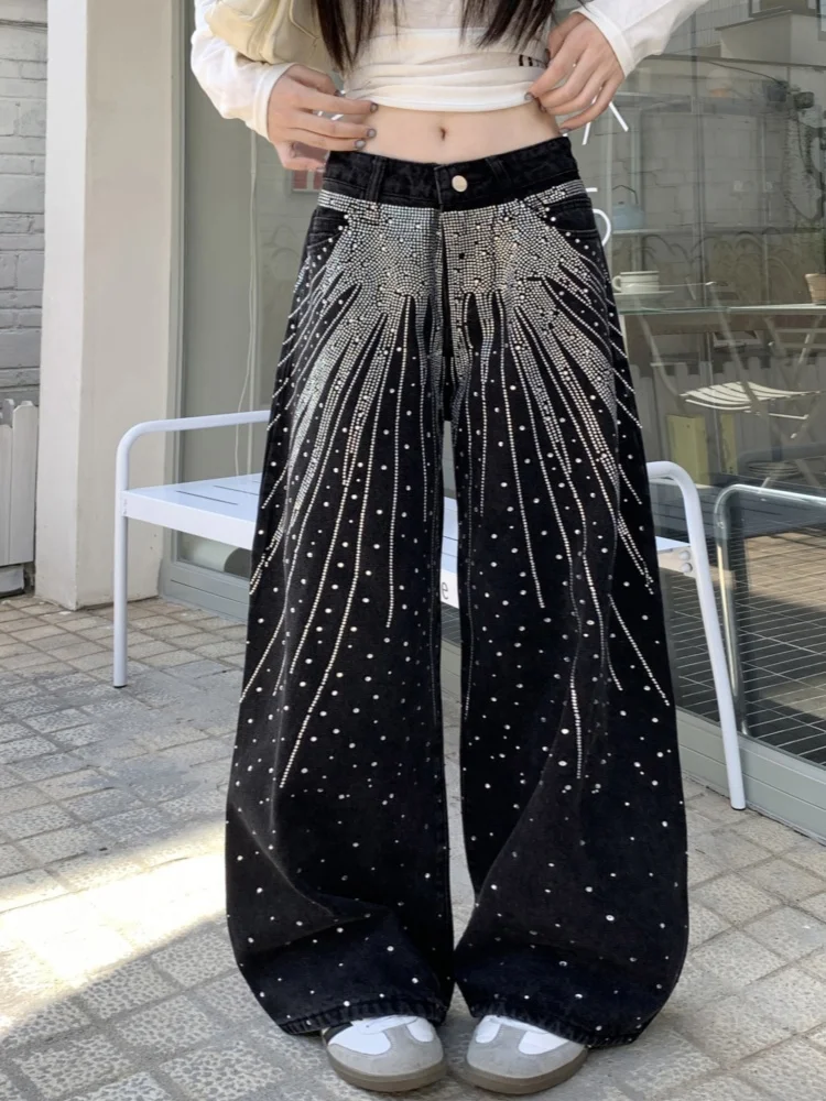 

Высококачественные роскошные потертые звездные джинсы со стразами горячего тиснения для женщин, прямые свободные утягивающие широкие брюки в уличном стиле