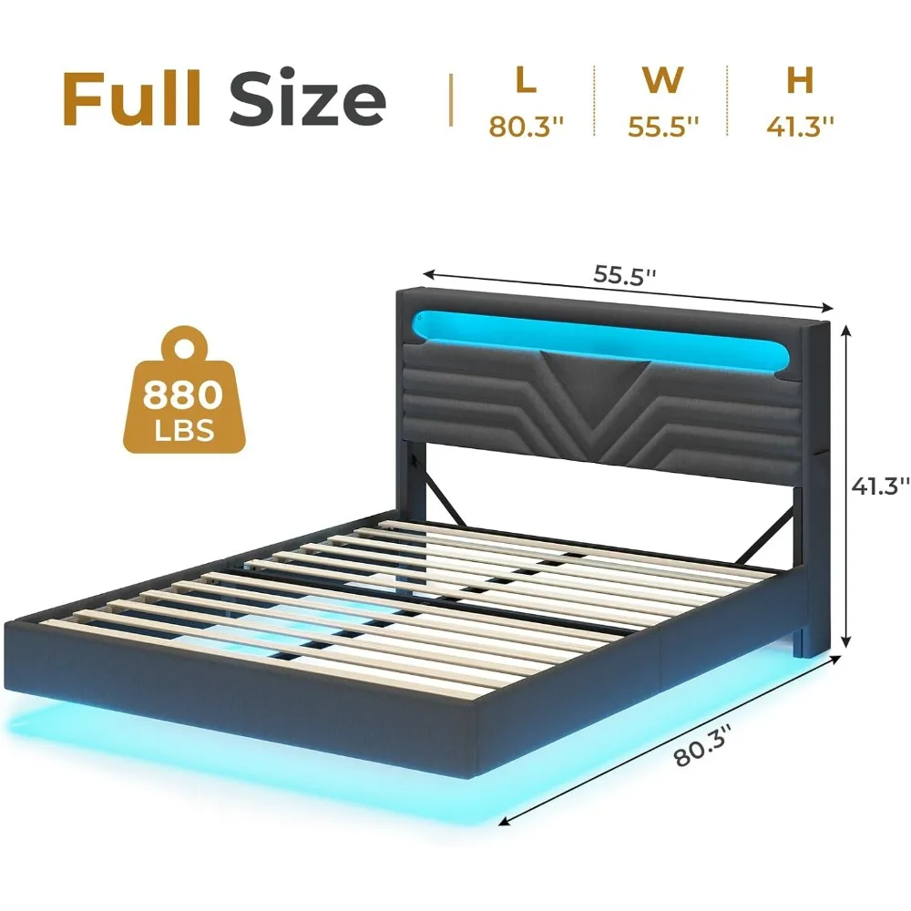 Full Floating Bed Frame with LED Light Headboard, Type-C & USB Charging Station, Upholstered Platform Bed Frame Full Size