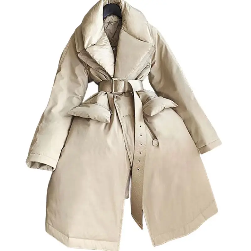 Abrigo de cintura ajustable para mujer, chaqueta de plumón de pato blanco, Parkas de estilo inglés, botonadura única, ropa femenina de gran tamaño, invierno, nuevo