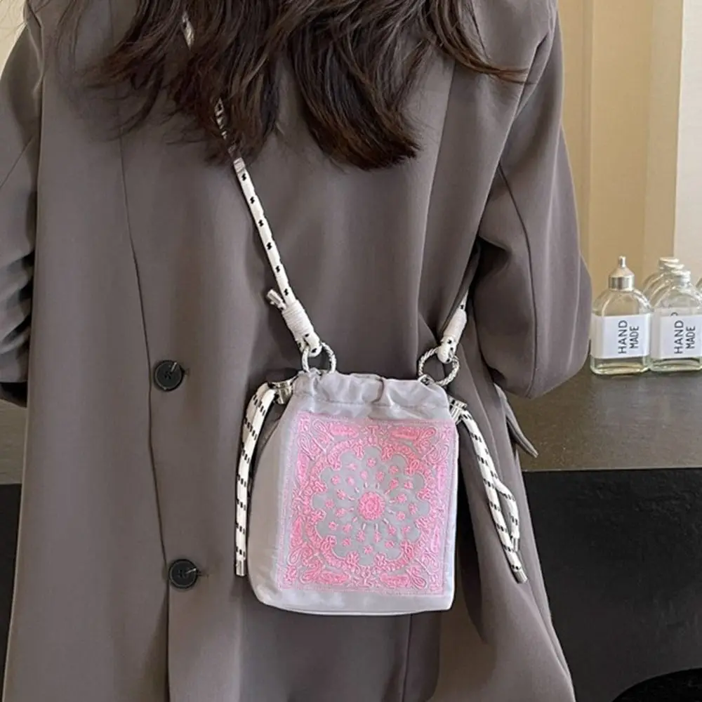 Cashew Flower Embroidery Drawstring Bag Bucket Bag Korean Style Nylon Shoulder Bag Solid Color Purse Mobile Phone Bag
