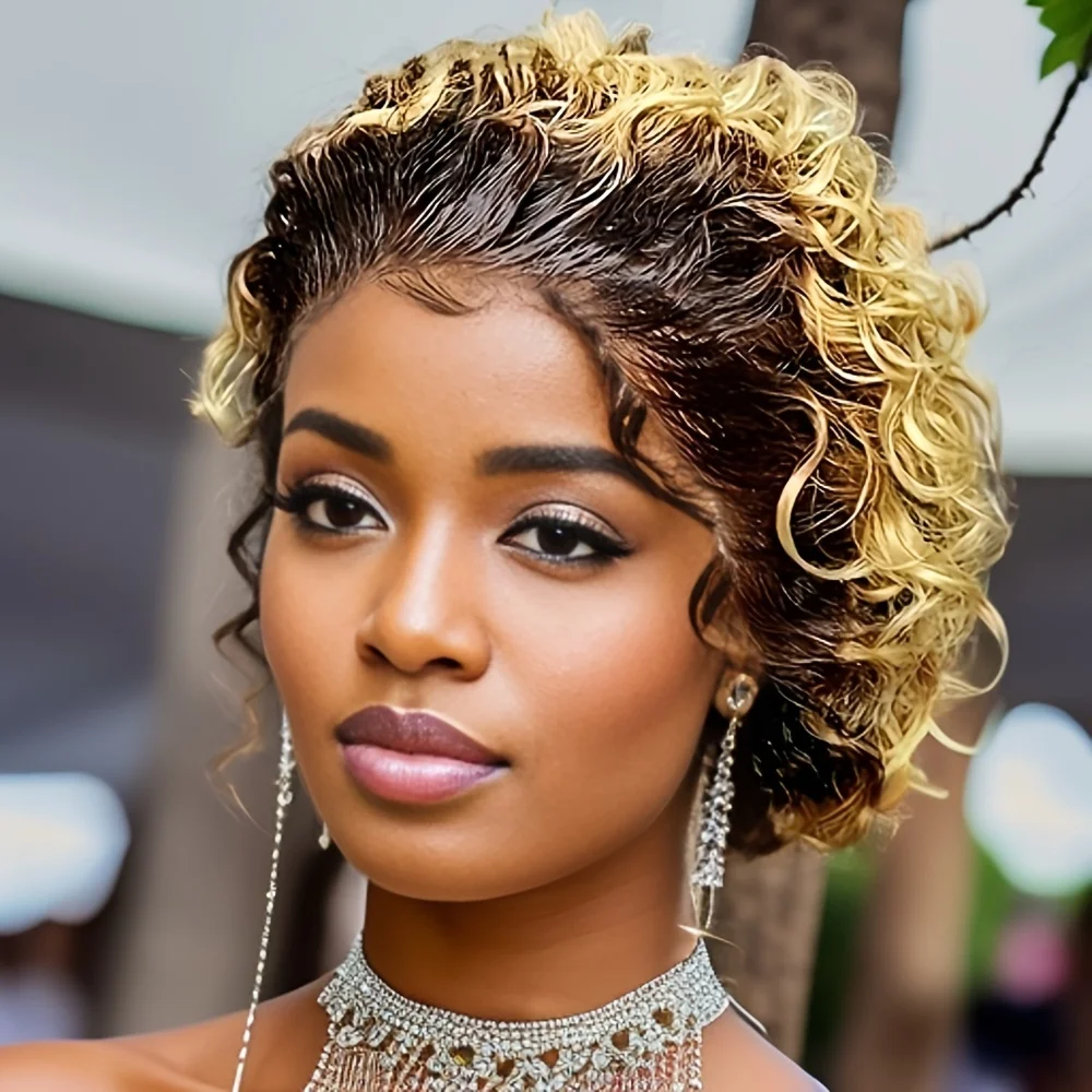 

13x1 Lace Front Short Pixie Cut Water Wave 100% Human Hair Wigs for Women Natural Hairline Wig