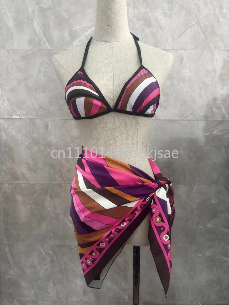 

Women's Purple Scarf Bikini Sets with Letter Signature Logo Swimwear Lady Headband Swimsuits Beachwear