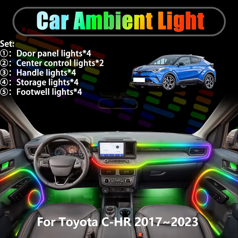 

For Toyota C-HR 2017~2023 AX10 AX50 MK1 2/18 in 1 Car ambient lighting Led trunk interior led lights USB RGB Ensemble Streamer