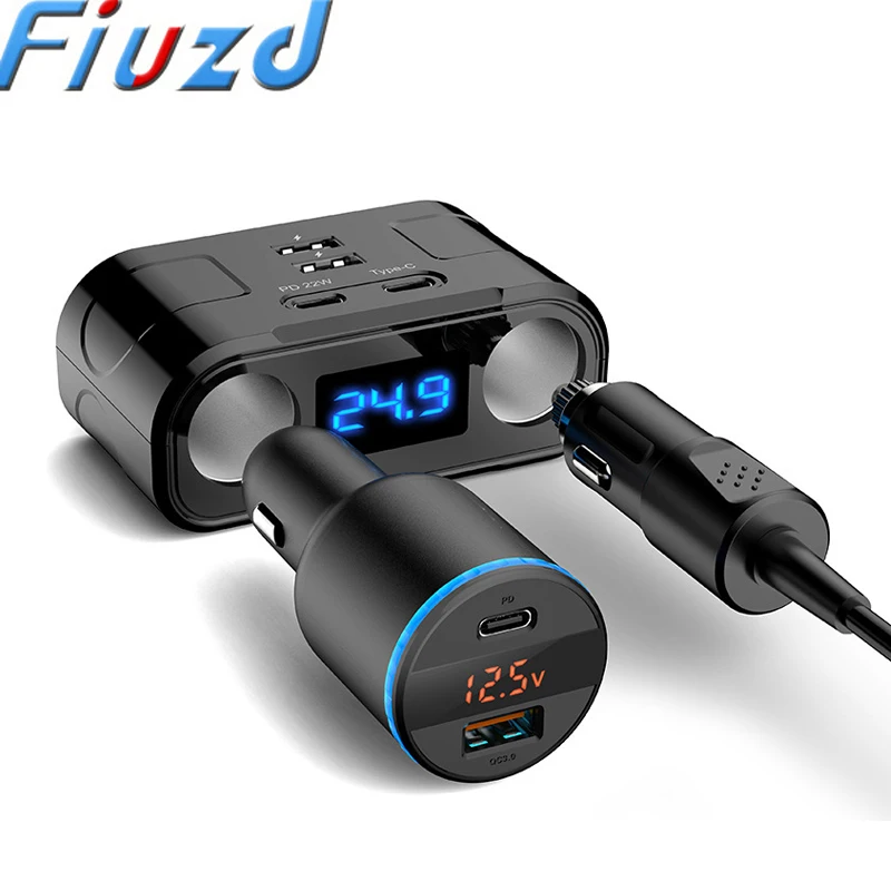 6in1 Cigarette Lighter Splitter QC3.0+PD Car Charger Digital Display Phone Charger 12V-24V 60W Adapter Car Accessories