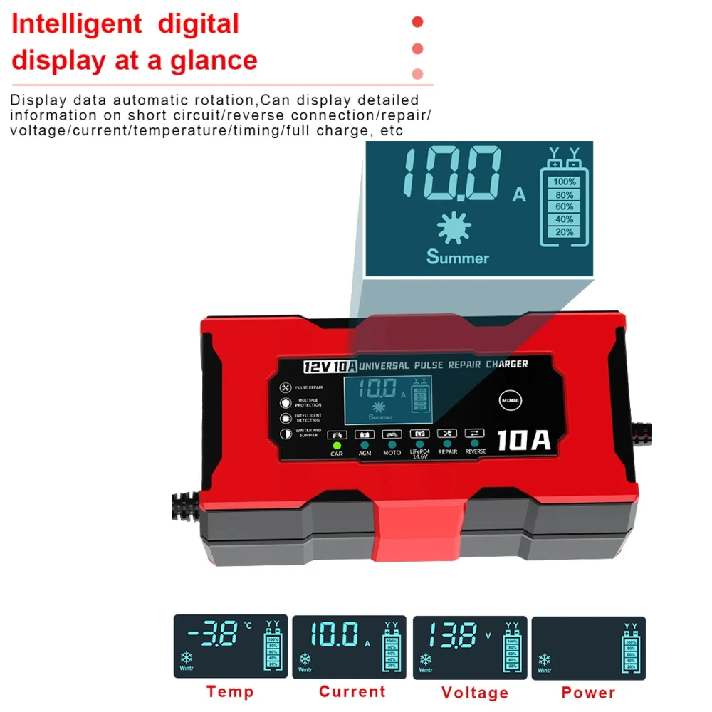 Car Battery Charger 12V10A Smart Battery Charger For Lifepo4 Lead Acid AGM GEL PB Lithium Battery Repair Motorcycle/Car Charger