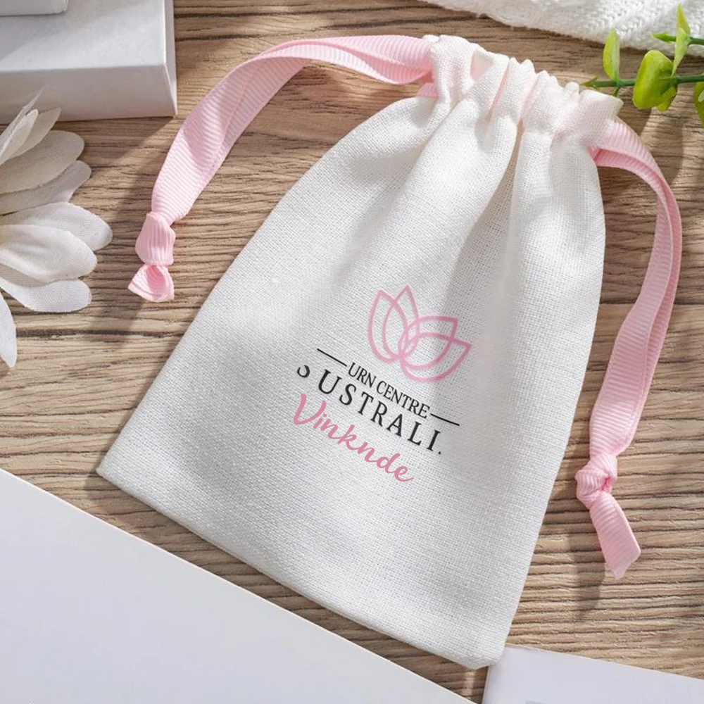 Borsa per imballaggio di rossetti per gioielli con coulisse in tela di fascia alta Borsa regalo in cotone di lino per trucco cosmetico con logo personalizzato stampato