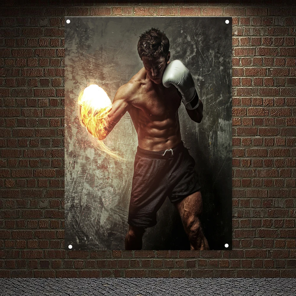 

Shirtless Male Fire Punch Exercise Poster Wall Art Vintage Boxer Workout Banner Flag Canvas Painting Tapestry Gym Decoration